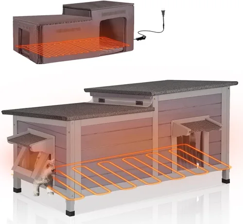 Vista 6 de Aivituvin Casa para gatos al aire libre con puerta de alambre con cerradura, refugio de madera para perros, condominio para interiores con balcón