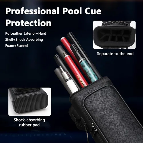 Vista 4 de Estuche para taco de billar de 3 x 5 – Funda rígida de piel sintética con doble correa para el hombro y 3 bolsillos, funda duradera para taco
