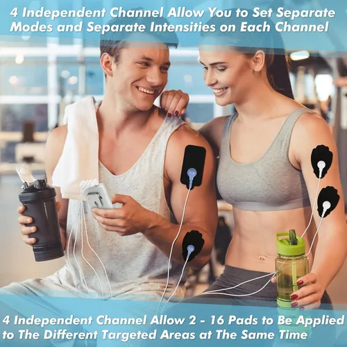 Vista 4 de Belifu - Unidad TENS EMS de 4 canales – 24 modos de masaje y 30 niveles de intensidad, estimulador muscular recargable de pulso eléctrico con 10