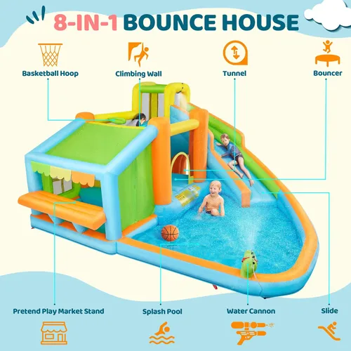 Vista 6 de Yaheetech - Castillo inflable de rebote para niños de 3 a 10 años W/ Splash Pool, Toy Market Stand, Bouncer Area, Slide, Climbing Wall, Storage