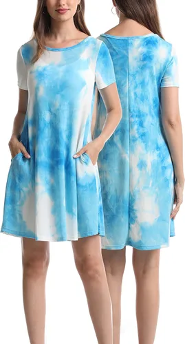Vista 2 de Vestido casual de manga corta con cuello redondo y bolsillos para mujer