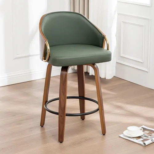 Vista 10 de Taburetes de bar giratorios de 24.8 pulgadas, taburetes de bar de cuero negro, sillas de bar modernas de mediados de siglo con patas de madera