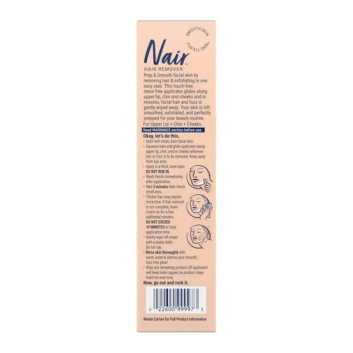 Vista 2 de NAIR Prep & Smooth Crema depilatoria exfoliante facial para mujeres, eliminación eficaz del vello para piel suave con ácido hialurónico, 1.76 onzas
