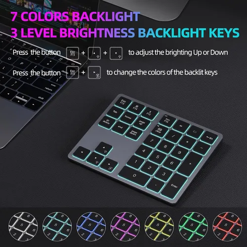 Vista 2 de Doohoeek Teclado numérico Bluetooth retroiluminado para computadoras portátiles y computadoras, almohadillas numéricas de 34 teclas con Gris