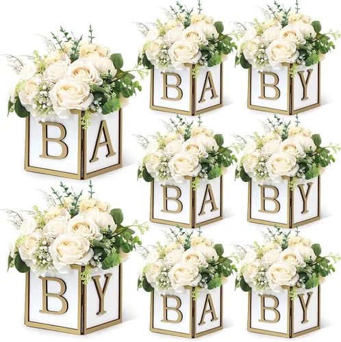 Vista 9 de Juego de 4 centros de mesa de baby shower para mesas, cajas de madera de 6 pulgadas con letras de bebé, cubos rústicos, bloques de madera para Rosa