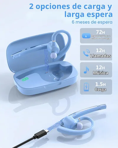 Vista 4 de Auriculares Bluetooth, 72H trabajo auricular inalámbrico de un solo oído Azul claro