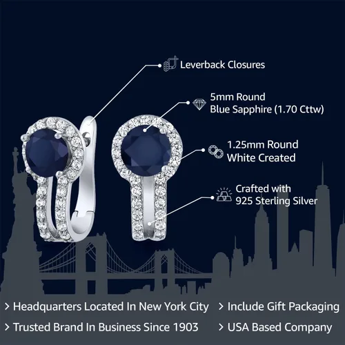 Vista 2 de Gem Stone King 925 Sterling Silver Round 5MM Gemstone Birthstone and and White Created Sapphire Earrings For Women