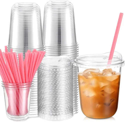 Vista 19 de Ziliny 25 juegos de vasos de plástico con pajitas y tapas de corazón rosa
