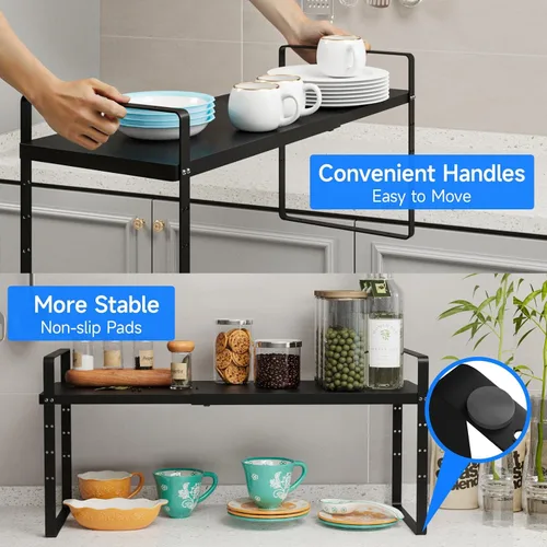Vista 4 de Organizador de estante expandible para gabinete, almacenamiento apilable para mostrador de despensa de cocina, soporte ajustable para armario, Negro