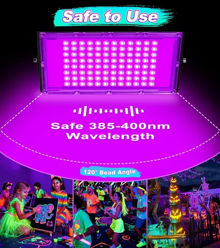 Vista 4 de Luz LED Negra de 100W IP66 Impermeable, Reflector de Luz Negra para Exteriores con Enchufe+Interruptor+Cable, para Halloween, Neón que Brilla