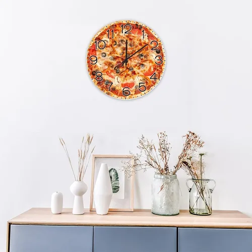 Vista 4 de Reloj redondo de madera para pared, comida y pizza, con números arábigos, silencioso, sin tictac, funciona con pilas, para decoración de casa
