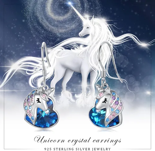 Vista 7 de Aretes de unicornio de plata de ley 925, hipoalergénicos, aretes colgantes de cristal azul, joyería de regalo de unicornio para mujeres y niñas