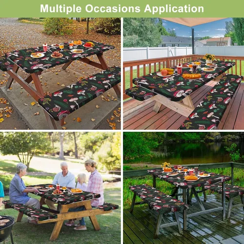 Vista 7 de Mantel de mesa de picnic con fundas de banco de 6 pies, 3 piezas, impermeable, resistente al viento, mantel de camping estético con bolsa