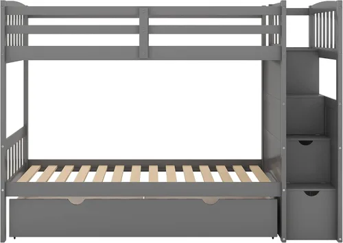 Vista 10 de Harper & Bright Designs - Litera con cama de tamaño individual sobre cama de tamaño matrimonial/individual, con 3 cajones, 4 espacios de Gris