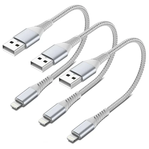 Vista 8 de Cable corto de carga para iPhone de 6 pulgadas, paquete de 3 cables USB a Lightning de 0.5 pies, cable corto trenzado para iPhone de carga rápida