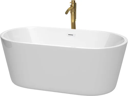 Vista 11 de Carissa - Bañera independiente de 60 pulgadas en color blanco con grifo montado en el suelo, desagüe y desbordamiento en negro mate