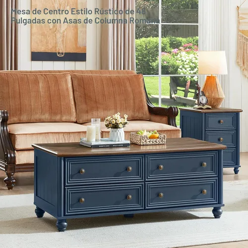 Vista 4 de RWYHG - Mesa de centro de granja de 48" con almacenamiento oculto, mesas de café de madera con 4 cajones y mango de columna romana, mesa rústica