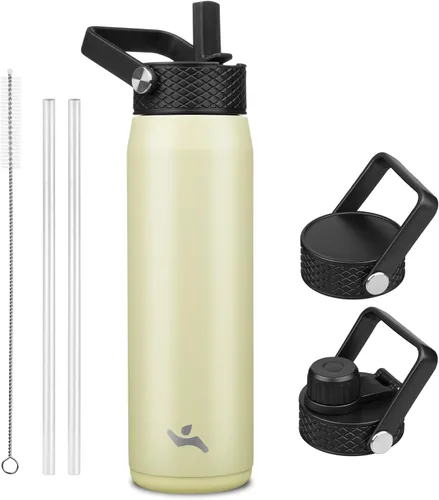 Vista 11 de Konokyo - Botella de agua aislada de 18 onzas, botellas deportivas de acero inoxidable con 3 tapas, verde militar