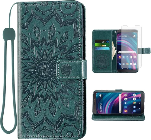 Vista 12 de Asuwish Funda para teléfono BLU View 3 B140DL con protector de pantalla de vidrio templado y piel de girasol, delgada, soporte para tarjetas Azul