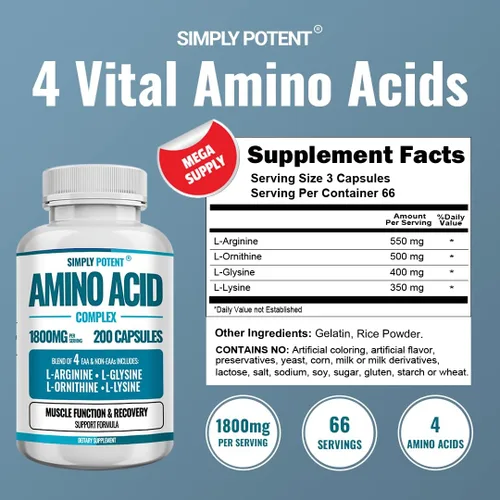 Vista 2 de Simply Potent Complejo de aminoácidos 1800 mg 200 cápsulas, mezcla de 4 aminoácidos esenciales y no esenciales, incluye L-arginina 550 mg