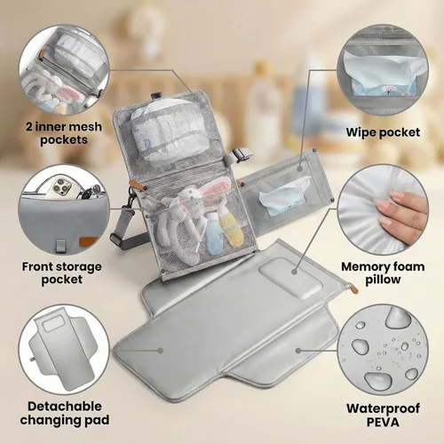 Vista 2 de UBRAVOO Portable Diaper Changing Pad - Baby Diaper Changer Travel Bag with Wipes Pocket, Smart Design Portable Changing Mat, Infant Travel Station