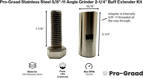 Vista 3 de Kit extensor de pulido de amoladora angular de acero inoxidable 5/8"-11, rueda de pulido de vías respiratorias eje de extensión de 2-1/4", adaptador