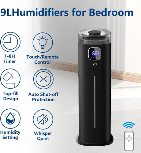 Vista 5 de KZF Humidificador grande para dormitorio, humidificador ultrasónico de niebla fría de 9L/2.5 galones con humidistato, boquilla de 360°, nivel