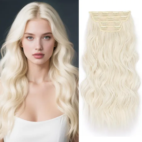Vista 11 de Extensiones de cabello rubio con clip, de 22 pulgadas, extensiones de cabello largo y rizado con clip, 4 unidades, extensiones de cabello sintético