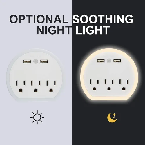 Vista 4 de Paquete de 2 extensores de toma de corriente de pared con sensor automático, luz nocturna LED, 3 tomas de corriente, 2 puertos USB, protector