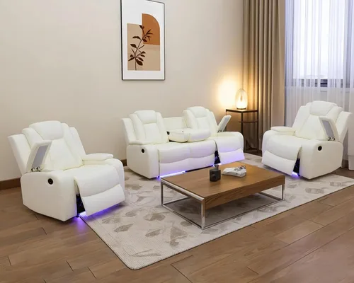 Vista 13 de Juego de sofá reclinable eléctrico con LED, juego de sofá de cuero transpirable para sala de estar, juego de sofá reclinable con puerto USB, Negro