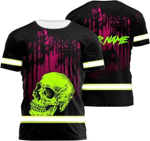 Vista 11 de Maddly Polo de alta visibilidad con diseño de calavera y bandera de Estados Unidos, ropa de trabajo patriótica con nombre personalizado