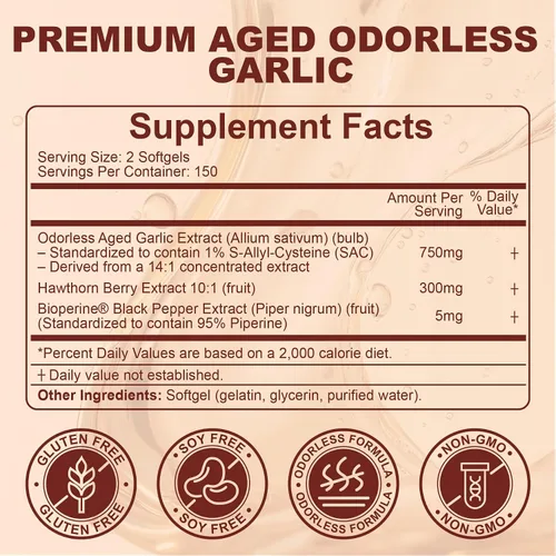 Vista 9 de Cápsulas blandas de extracto de ajo envejecido de 750 mg, suplemento de ajo inodoro, estandarizado para S-alil cisteína (SAC), fórmula madura de 24