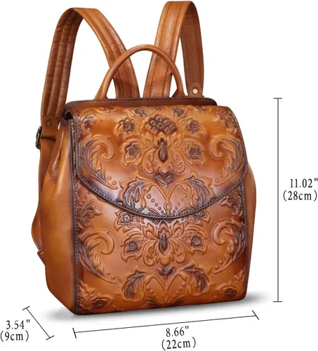 Vista 5 de Mochila de cuero genuino para mujer, bolso retro de cuero en relieve, hecho a mano, mochila trasera, mochila casual, Marrón, Vintage