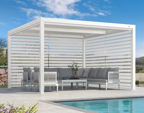 Vista 13 de PURPLE LEAF - Pérgola al aire libre con listones 10 x 12 pies de aluminio blanco con toldo rígido moderno y ajustable para patio, jardín