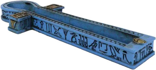 Vista 3 de Ebros Gift Hermosos símbolos jeroglíficos azules egipcios Cartucho dorado Ankh Key Incienso Stick Burner Holder Figurine Gods of Egypt Talismán of