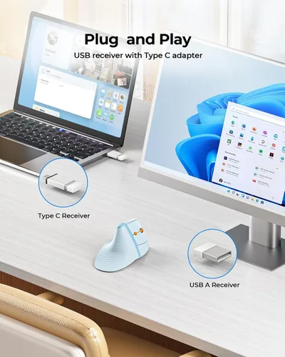 Vista 6 de Seenda MOE302 - Mouse ergonómico vertical con reposamanos, mouse inalámbrico recargable para aliviar el dolor de muñeca, acceso directo de Azul