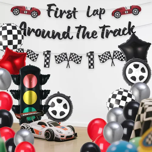 Vista 5 de Cartel de la primera vuelta alrededor de la pista con purpurina para decoración de fiesta de primer cumpleaños, pancarta de auto de carreras negro