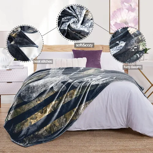 Vista 5 de Mantas Personalizadas de Caza de Ciervos con Nombre, Regalo Personalizado de Caza para Hombres, Manta de Franela con Bandera de Ciervo Camuflaje
