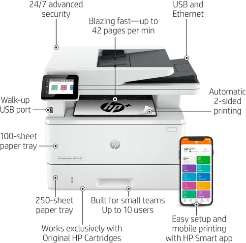 Vista 2 de HP LaserJet Pro MFP 4101fdne Impresora monocromática en blanco y negro con funciones HP+ Smart Office y fax