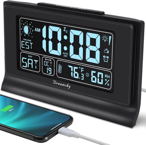 Vista 11 de DreamSky Despertadores para dormitorios con batería de respaldo, reloj digital de ajuste automático con fecha y día de la semana, temperatura