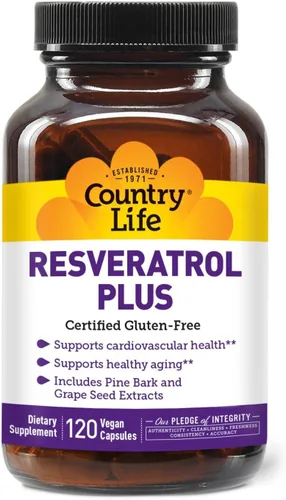 Vista 7 de Country Life Resveratrol Plus 1000mg - Suplemento antioxidante orgánico con corteza de pino y extractos de semillas de uva, vegano, sin gluten, sin