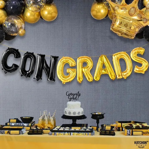 Vista 3 de KatchOn, Globo de felicitación negro y dorado de 16 pulgadas Globos de aluminio de felicitación para decoraciones de fiesta de graduación 2025