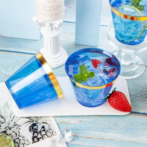 Vista 7 de Nervure 240 vasos de plástico azules – Vasos de plástico con borde dorado de 9 onzas – Taza azul desechable resistente con borde dorado perfecto