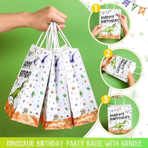 Vista 3 de Containlol 16 bolsas de papel para fiesta de cumpleaños de dinosaurio, bolsas de regalo de cumpleaños con asa para niños y niñas, temática