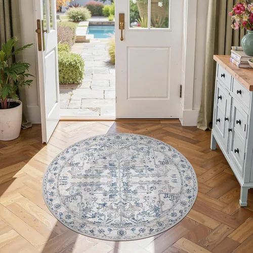 Vista 354 de jinchan Lima - Alfombra simétrica floral geométrica lavable, alfombra de entrada de medio círculo de 2 x 3, alfombra de media luna, suave y Azul