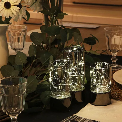 Vista 5 de Rhytsing conjunto de 3 linternas de cilindro de vidrio con luces de hadas, lámpara de mesa decorativa con batería, vela sin llama con función