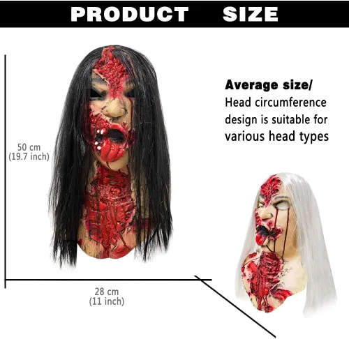 Vista 2 de xiuyou Máscara de zombi sangrienta, máscara de fantasma femenino aterrador con cabello, casco realista de cara completa, disfraz de Halloween
