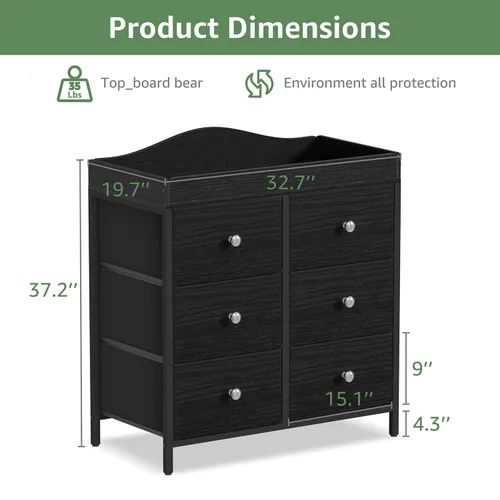 Vista 5 de BOLUO Cómoda con cambiador negro con 6 cajones de tela, tocador para bebés con cambiador superior, estación de cambio de pañales con almacenamiento