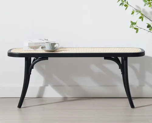 Vista 3 de Kmax Banco tapizado de mimbre de mimbre Banco de entrada de madera maciza rústica de 45 pulgadas para sala de estar/dormitorio/pasillo - negro