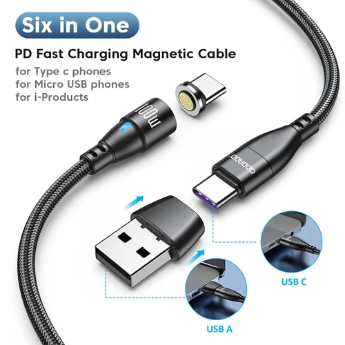 Vista 6 de Cable de carga magnético USB C de 100 W, paquete de 2 (3.3 pies + 6 pies), cable magnético de carga rápida 6 en 1, cable de carga USB C magnético